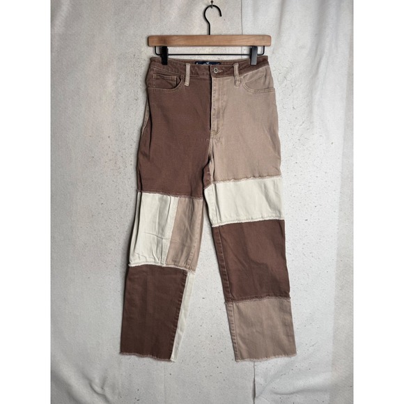 Hollister Denim - Hollister Ultra High-Rise Dad Jeans Patchwork Brown Tan Cream W27 L31 Colorblock